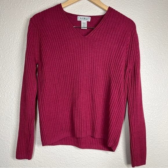 Vintage 90’s LL Bean Sweater 100% Wool‎ V-Neck Red Ribbed Women’s Size Large - Picture 1 of 6